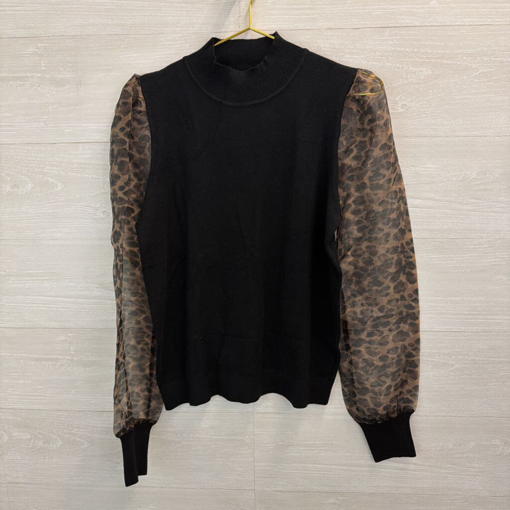 Sioni Black Mock Neck Leopard Print Long Sleeve Top Medium