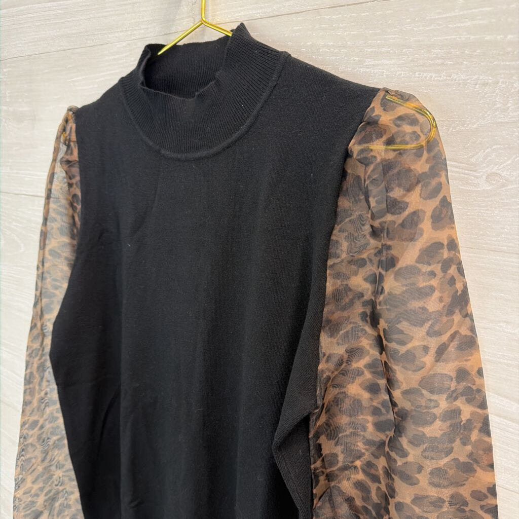 Sioni Black Mock Neck Leopard Print Long Sleeve Top Medium
