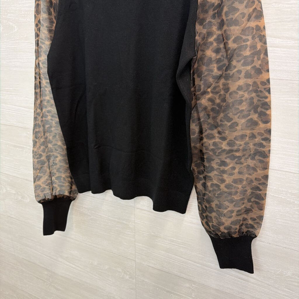 Sioni Black Mock Neck Leopard Print Long Sleeve Top Medium