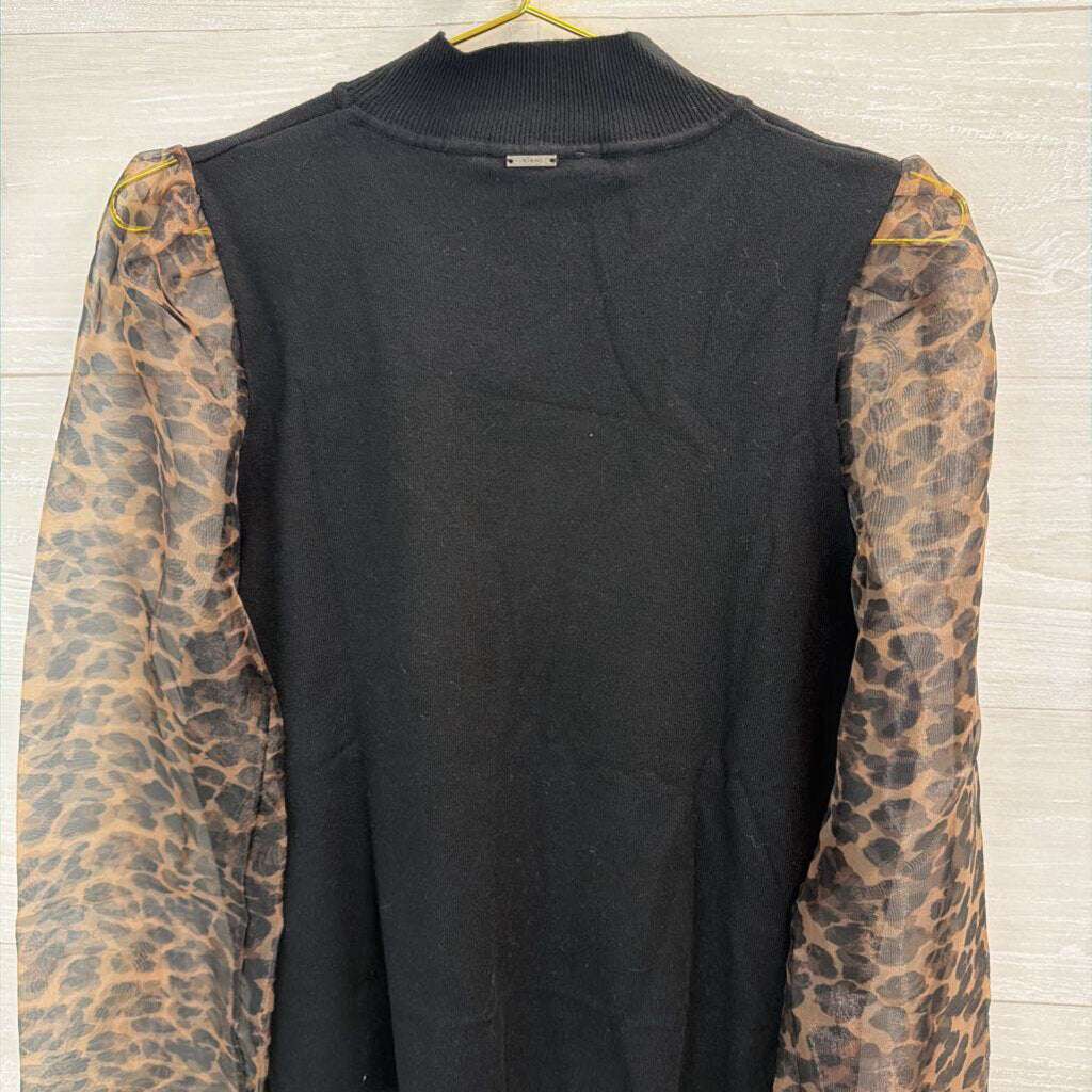 Sioni Black Mock Neck Leopard Print Long Sleeve Top Medium