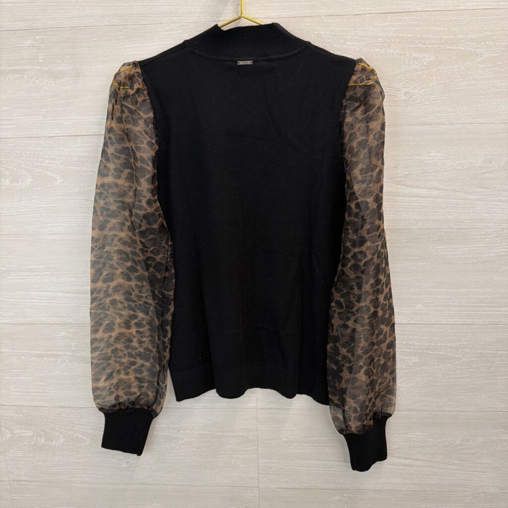 Sioni Black Mock Neck Leopard Print Long Sleeve Top Medium