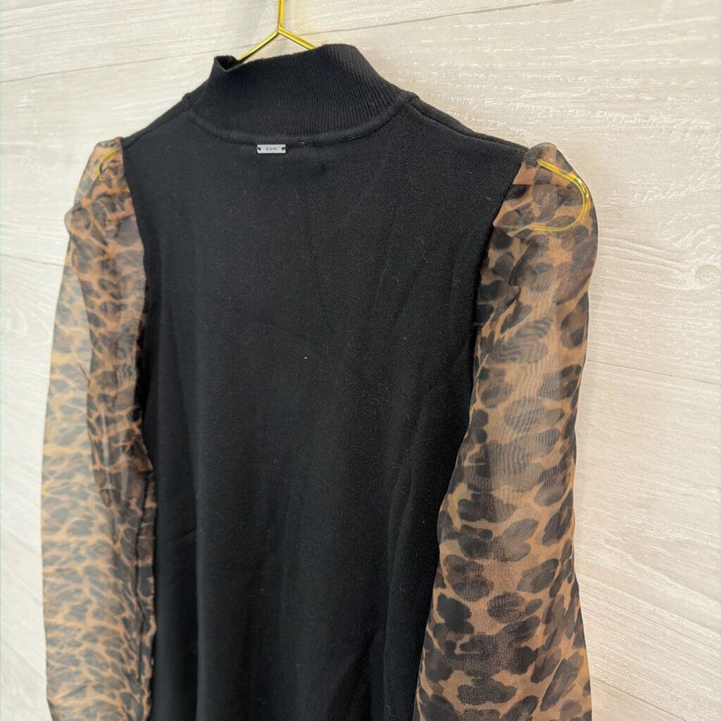 Sioni Black Mock Neck Leopard Print Long Sleeve Top Medium