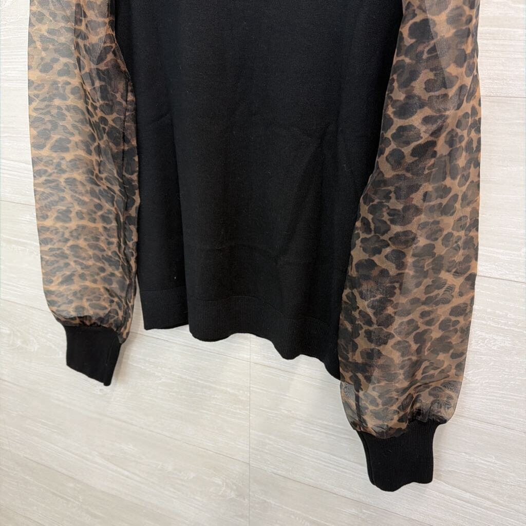 Sioni Black Mock Neck Leopard Print Long Sleeve Top Medium