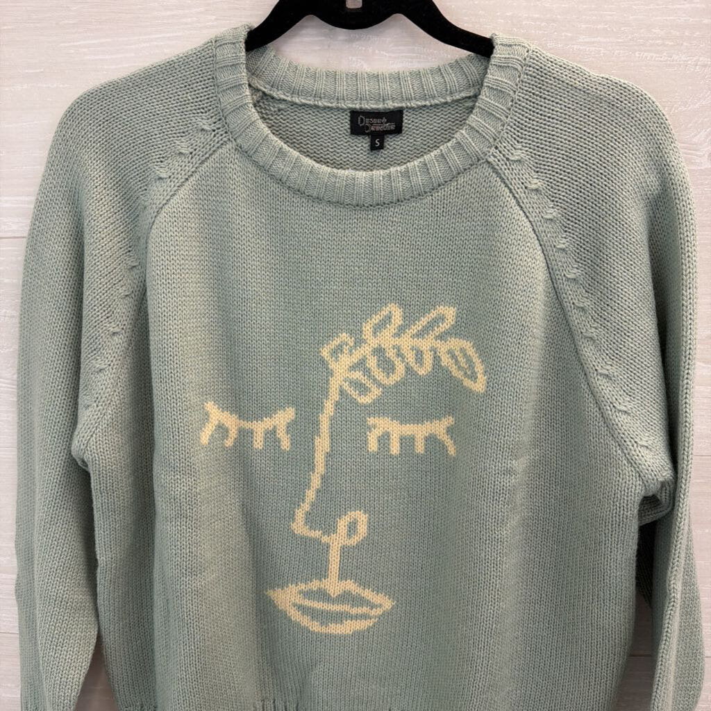 Desert Dreamer Green/ Cream Face Print Knit Sweater Small