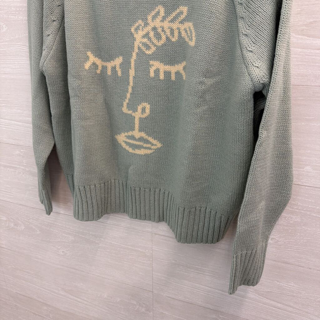 Desert Dreamer Green/ Cream Face Print Knit Sweater Small