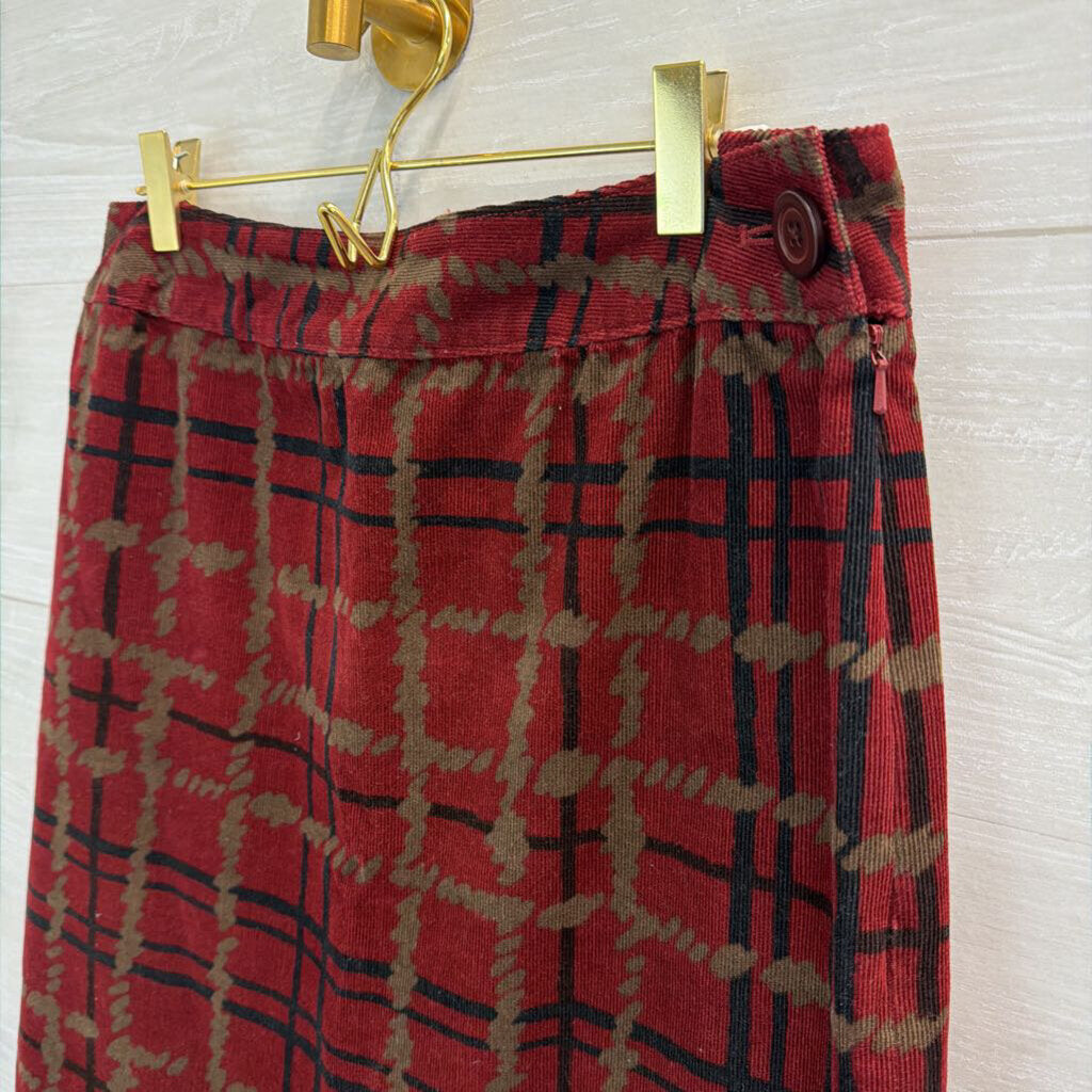 Harolds Red/ Black/ Brown Corduroy Plaid Print Skirt 6
