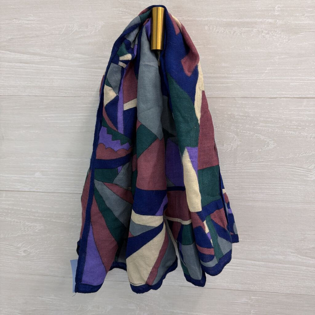 Ginnie Johansen 100% Wool Blue/ Multi Print Scarf