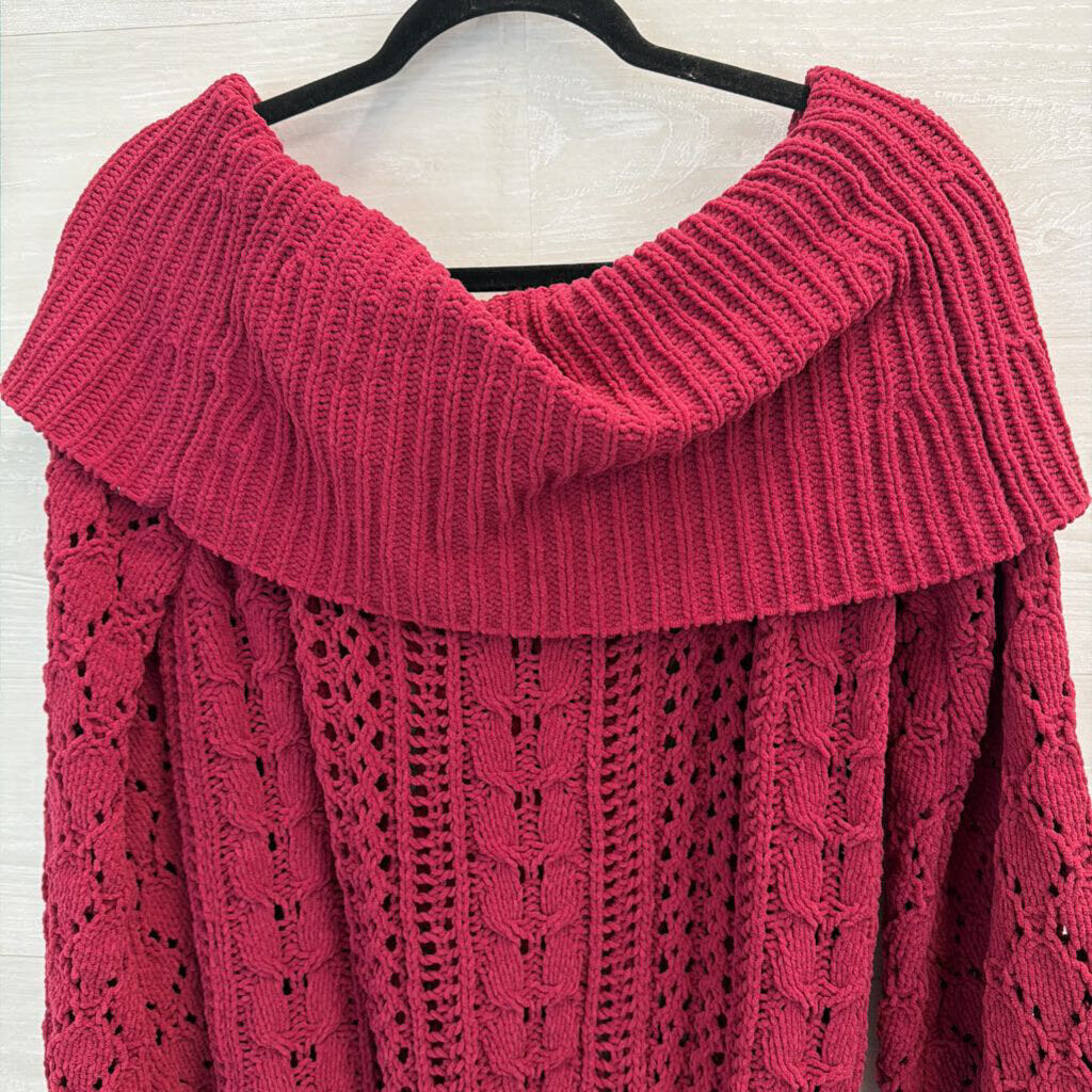 Umgee Cranberry Soft Knit Off Shoulder Sweater Small