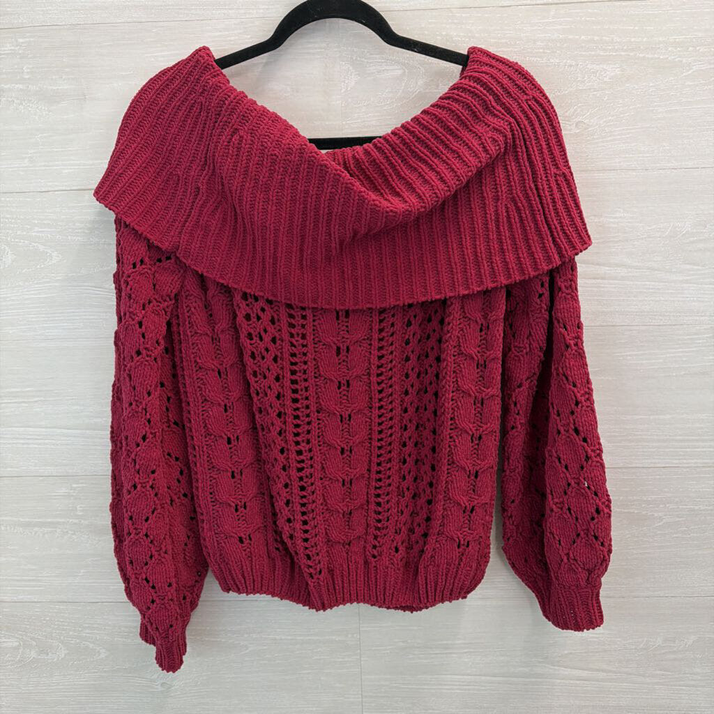 Umgee Cranberry Soft Knit Off Shoulder Sweater Small