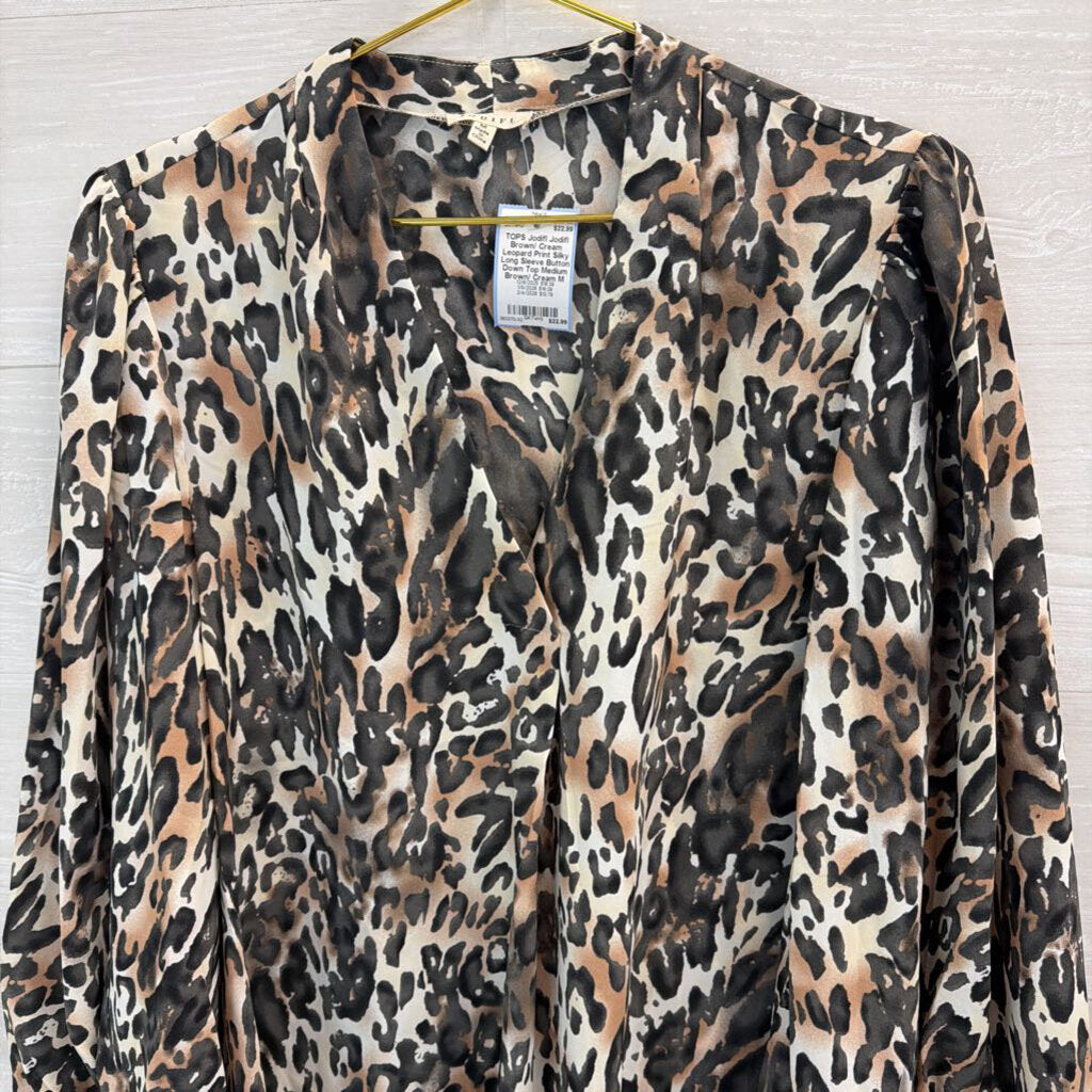 Jodifl Brown/ Cream Leopard Print Silky Long Sleeve Button Down Top Medium