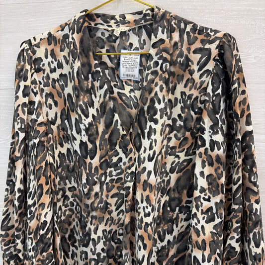Jodifl Brown/ Cream Leopard Print Silky Long Sleeve Button Down Top Medium