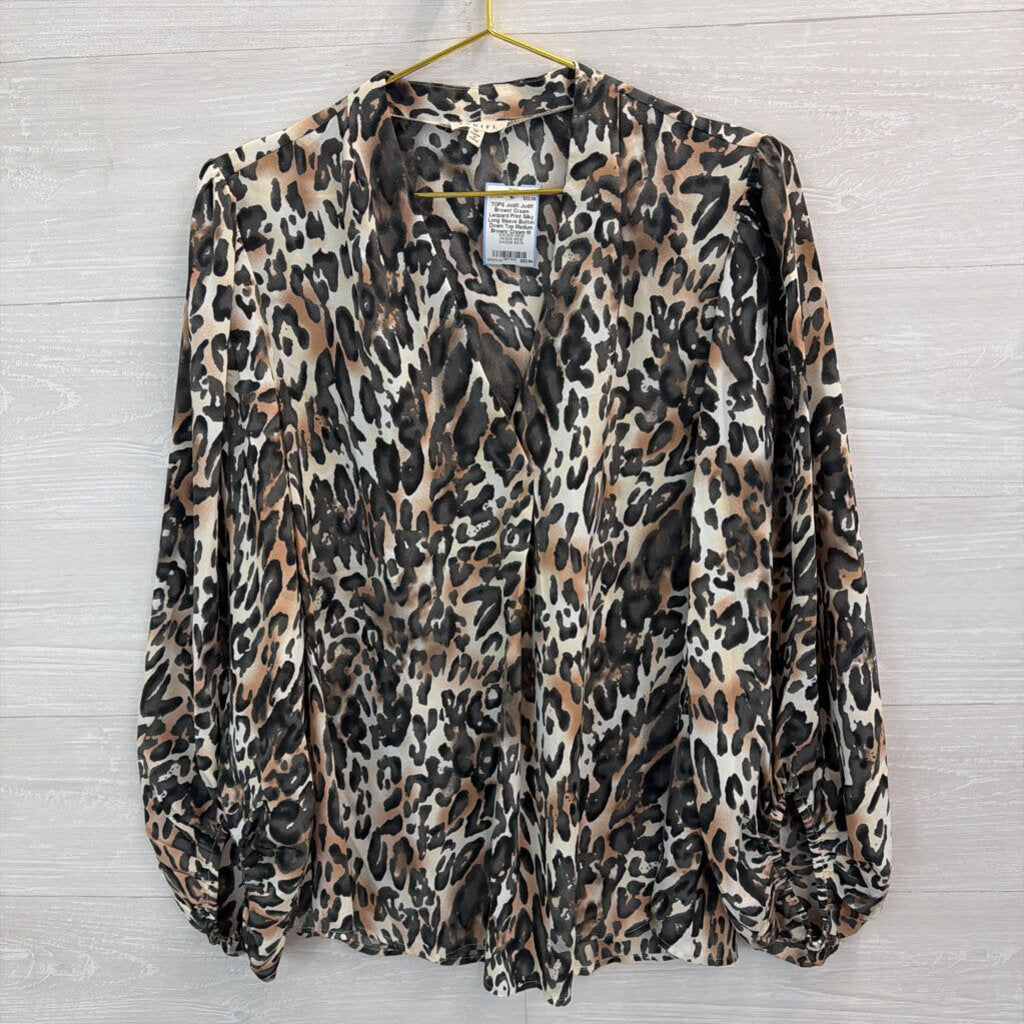 Jodifl Brown/ Cream Leopard Print Silky Long Sleeve Button Down Top Medium