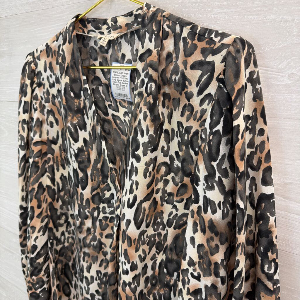 Jodifl Brown/ Cream Leopard Print Silky Long Sleeve Button Down Top Medium