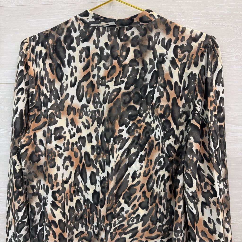 Jodifl Brown/ Cream Leopard Print Silky Long Sleeve Button Down Top Medium