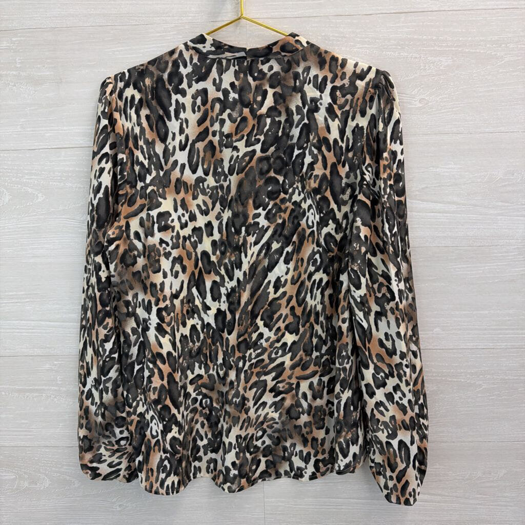 Jodifl Brown/ Cream Leopard Print Silky Long Sleeve Button Down Top Medium