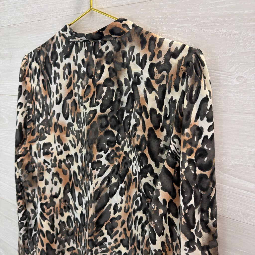 Jodifl Brown/ Cream Leopard Print Silky Long Sleeve Button Down Top Medium
