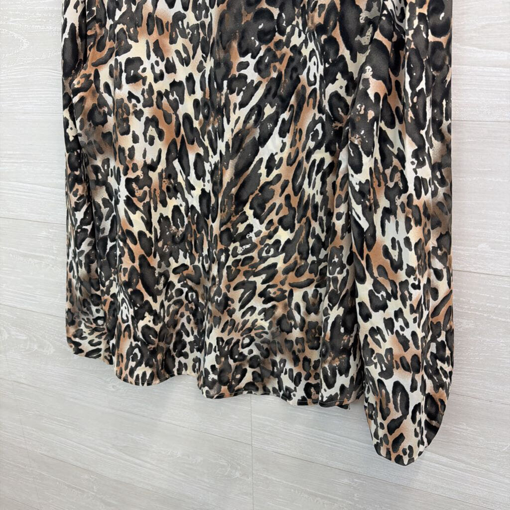 Jodifl Brown/ Cream Leopard Print Silky Long Sleeve Button Down Top Medium