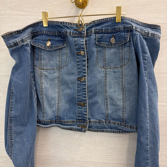 A Bazi Medium Wash Off Shoulder Button Down Denim Top 2X