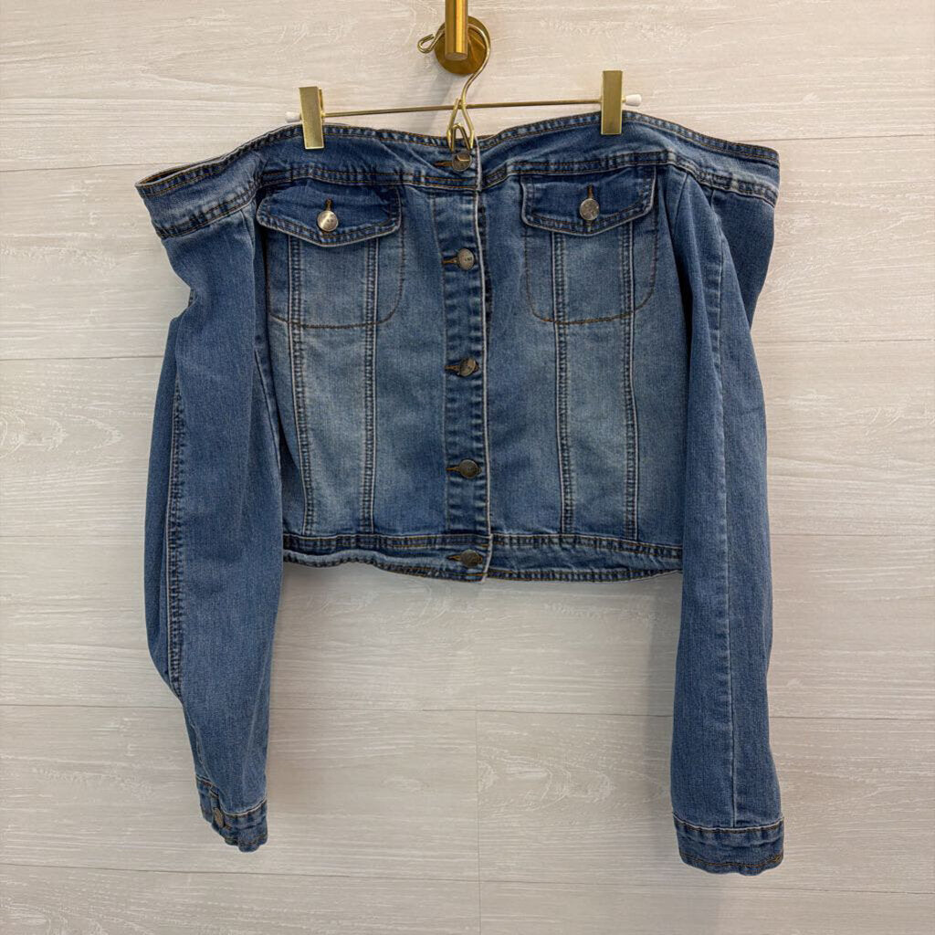 A Bazi Medium Wash Off Shoulder Button Down Denim Top 2X