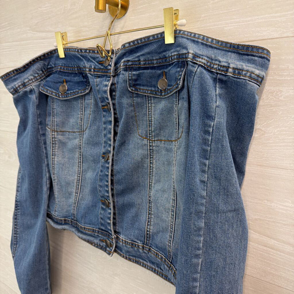 A Bazi Medium Wash Off Shoulder Button Down Denim Top 2X