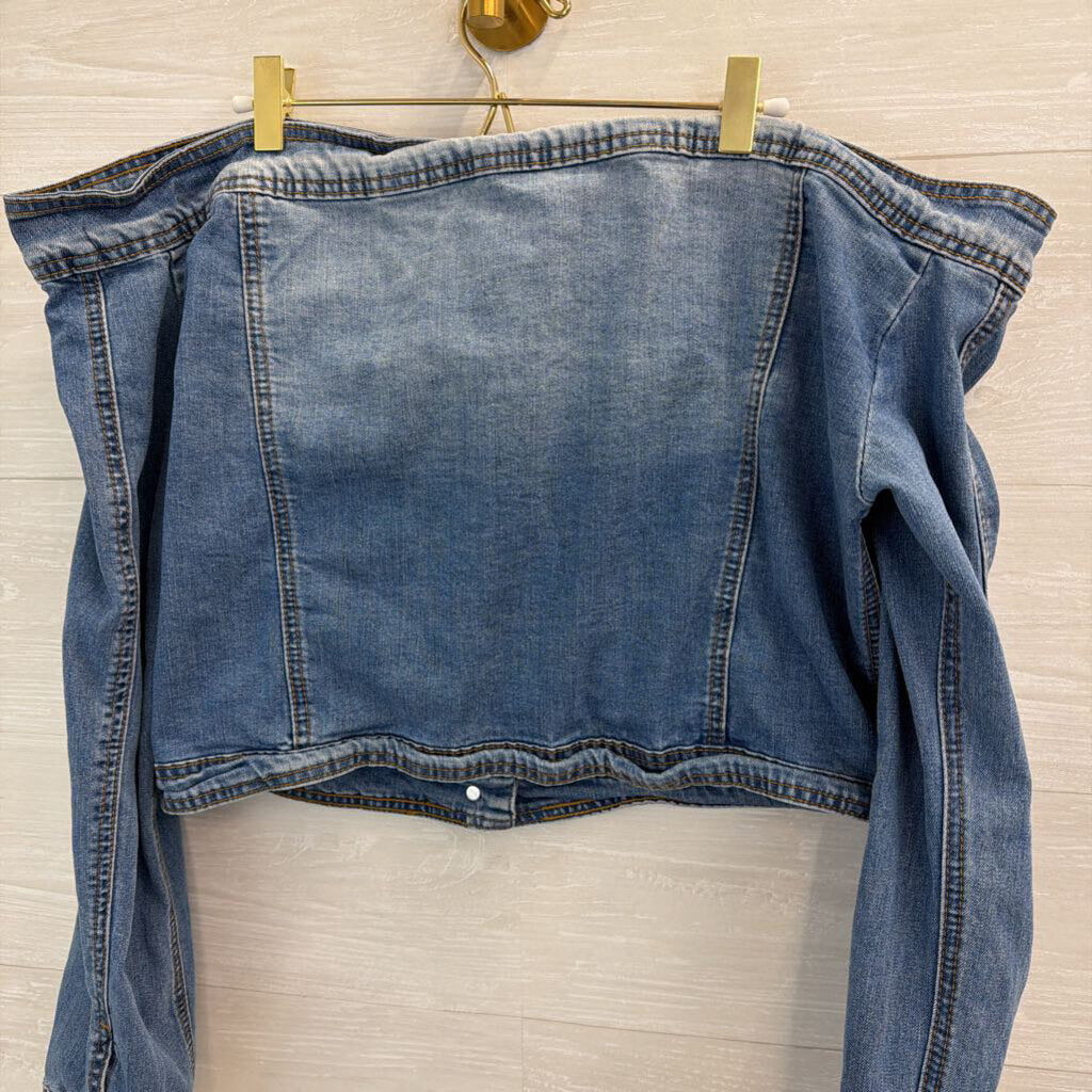 A Bazi Medium Wash Off Shoulder Button Down Denim Top 2X