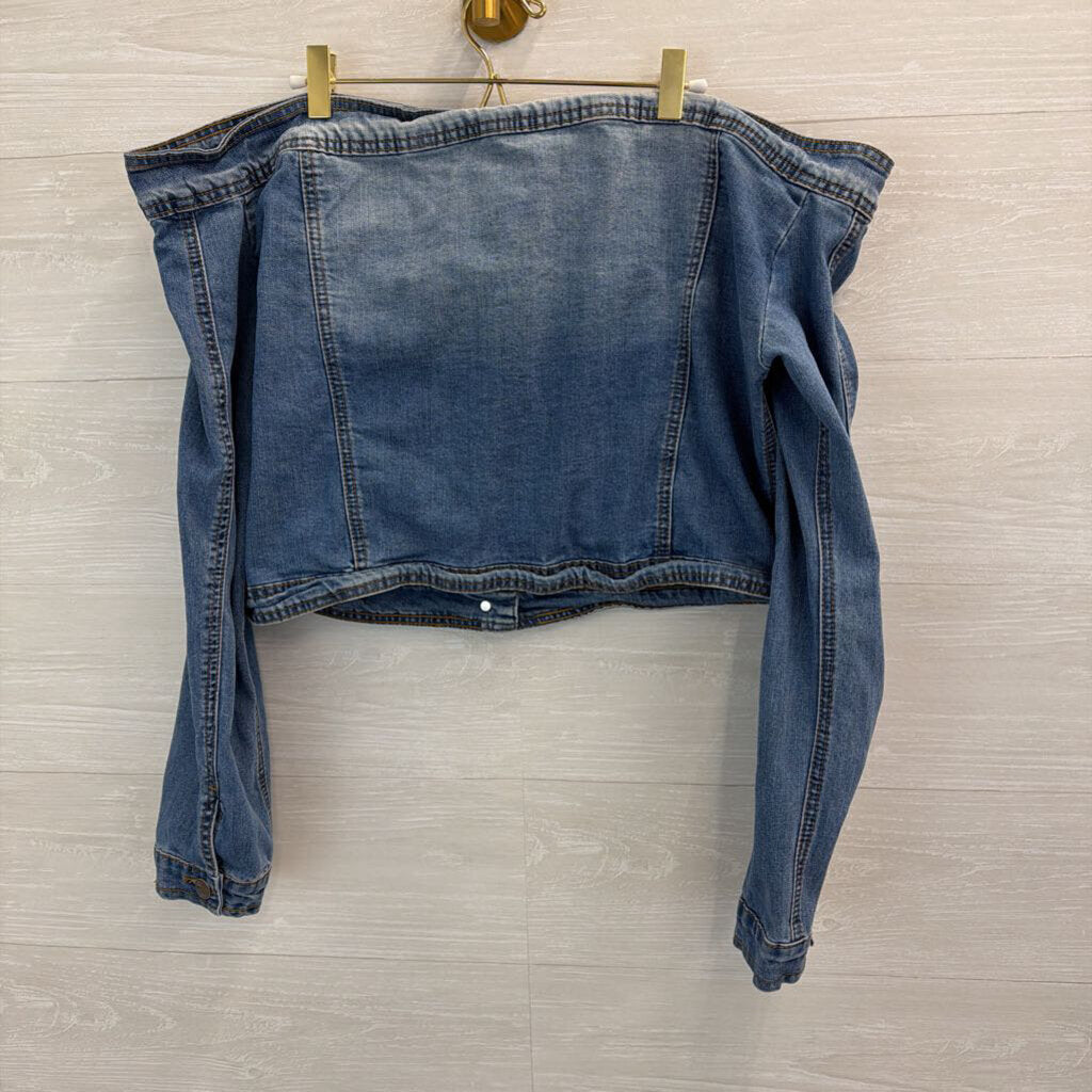 A Bazi Medium Wash Off Shoulder Button Down Denim Top 2X