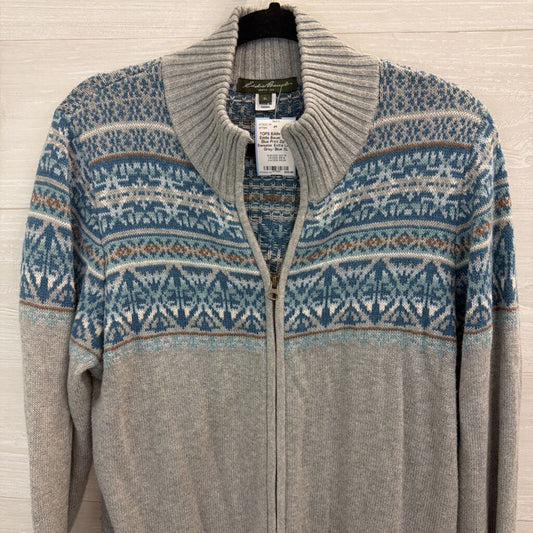 Eddie Bauer Grey/ Blue Print Zip Up Sweater Extra Large