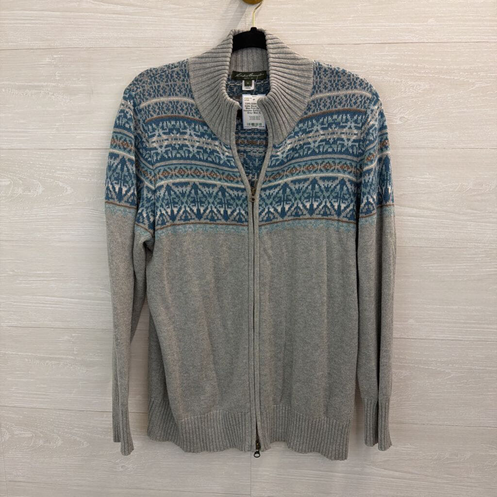 Eddie Bauer Grey/ Blue Print Zip Up Sweater Extra Large