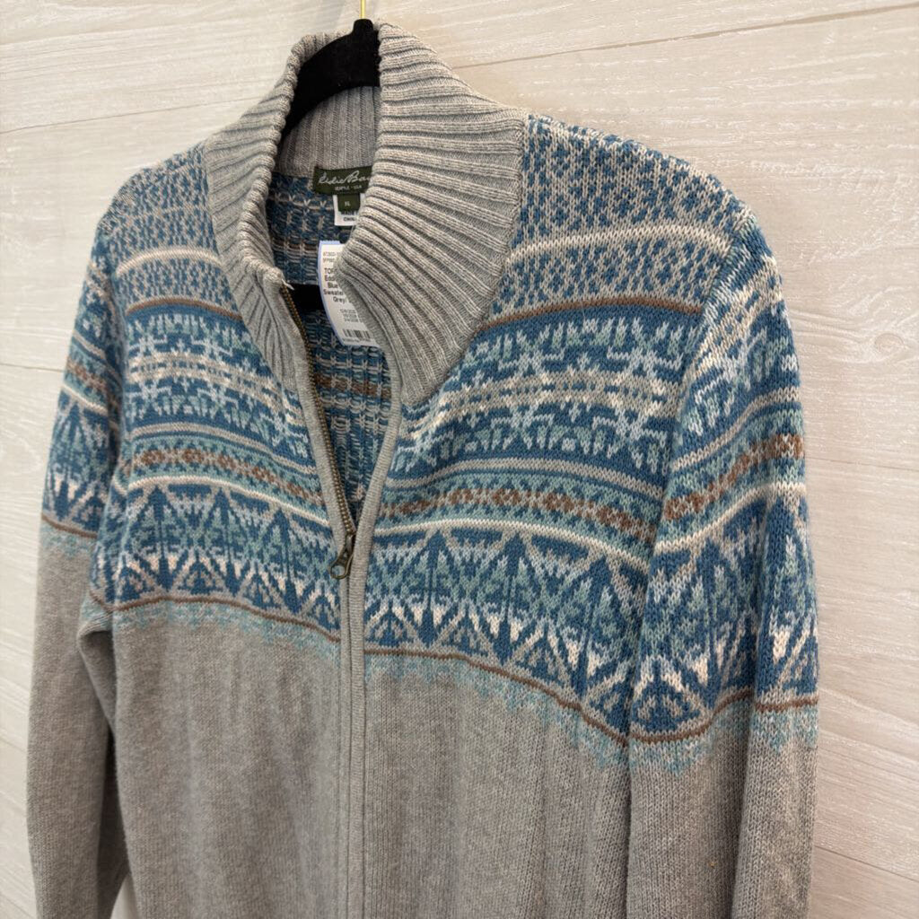 Eddie Bauer Grey/ Blue Print Zip Up Sweater Extra Large