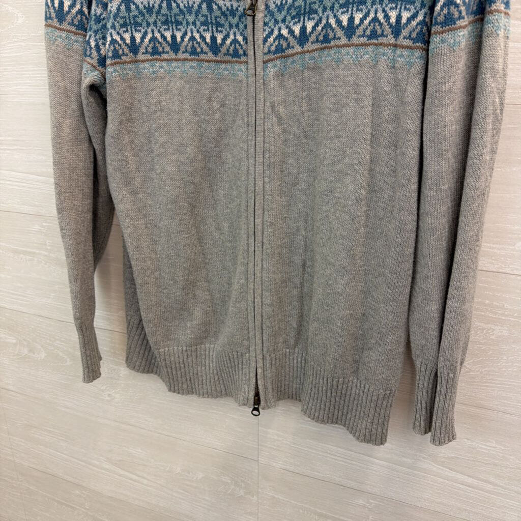 Eddie Bauer Grey/ Blue Print Zip Up Sweater Extra Large