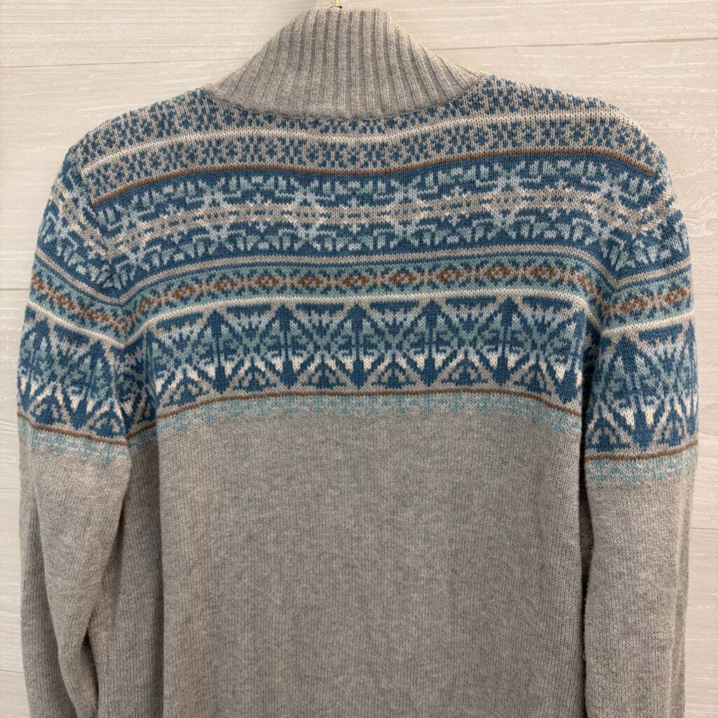 Eddie Bauer Grey/ Blue Print Zip Up Sweater Extra Large