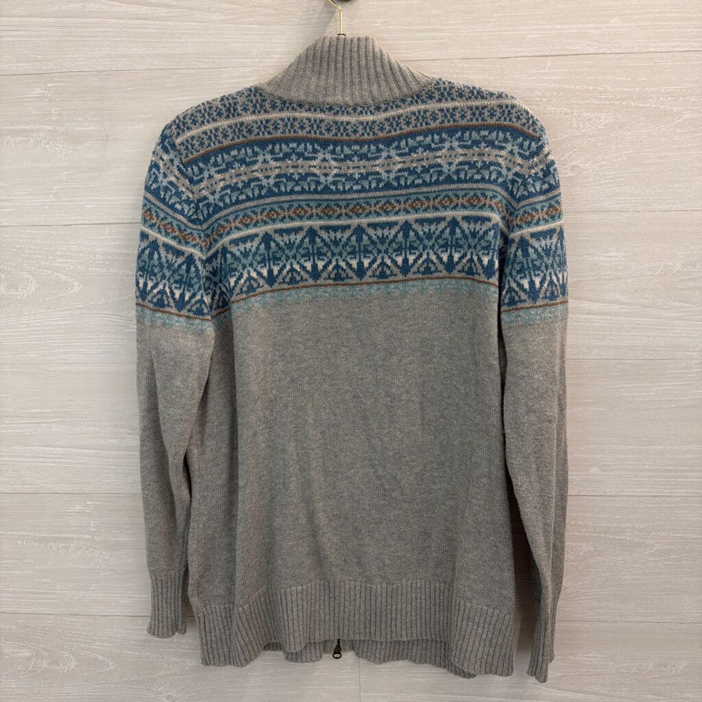 Eddie Bauer Grey/ Blue Print Zip Up Sweater Extra Large