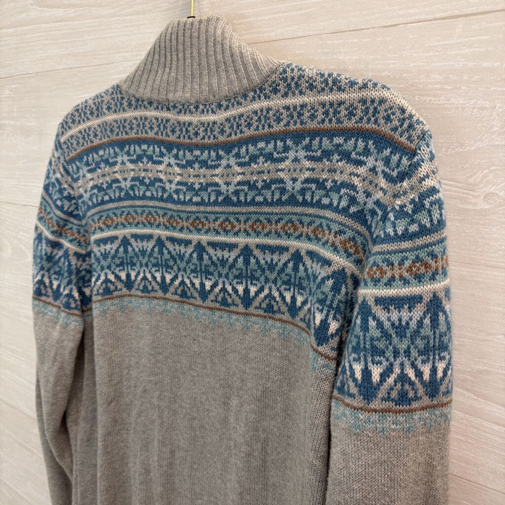 Eddie Bauer Grey/ Blue Print Zip Up Sweater Extra Large