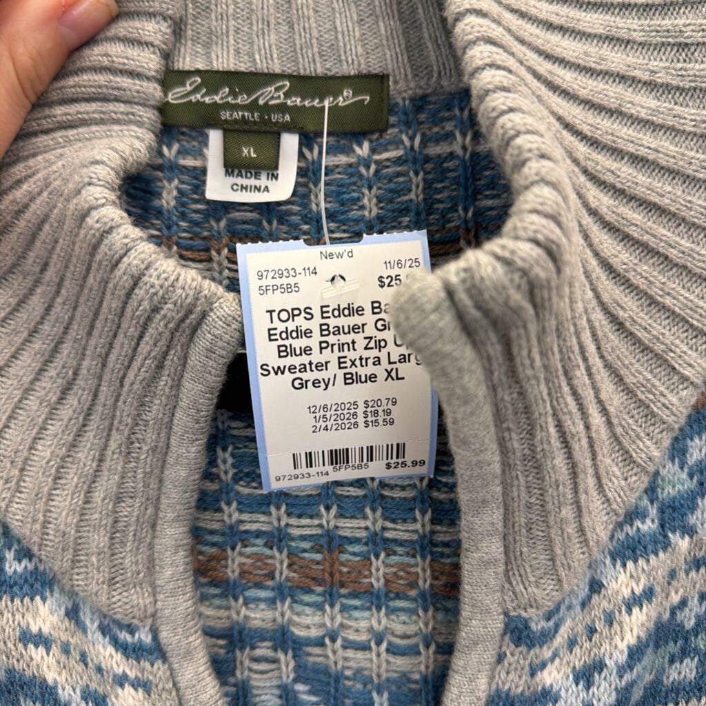 Eddie Bauer Grey/ Blue Print Zip Up Sweater Extra Large
