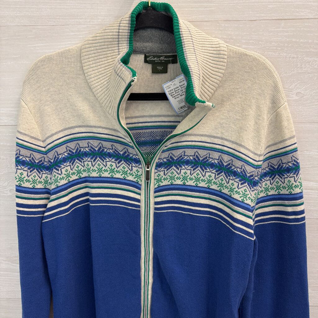 Eddie Bauer Grey/ Blue Print Zip Up Sweater Large
