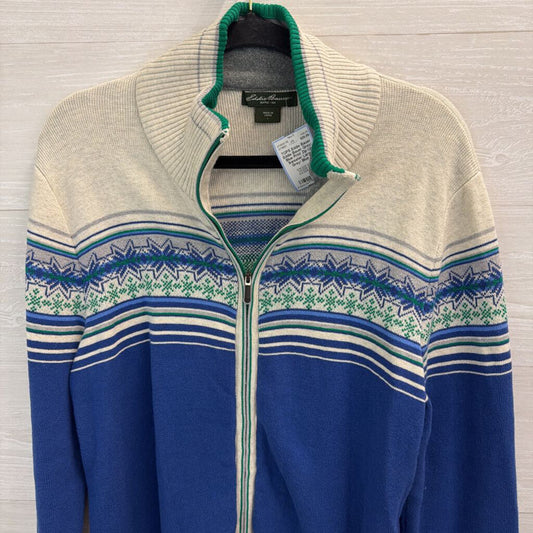 Eddie Bauer Grey/ Blue Print Zip Up Sweater Large