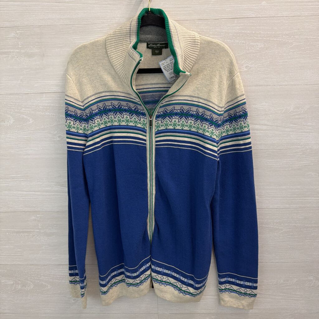 Eddie Bauer Grey/ Blue Print Zip Up Sweater Large