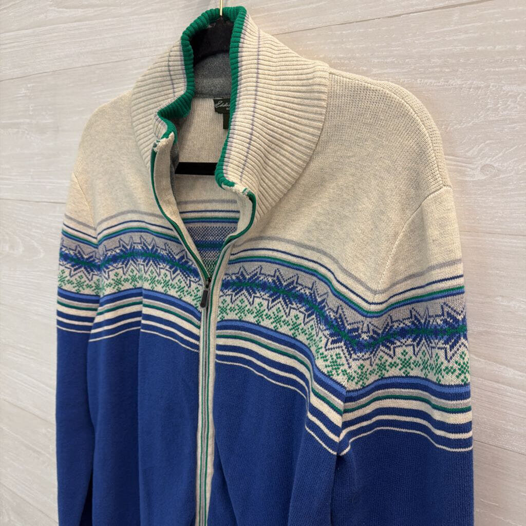 Eddie Bauer Grey/ Blue Print Zip Up Sweater Large
