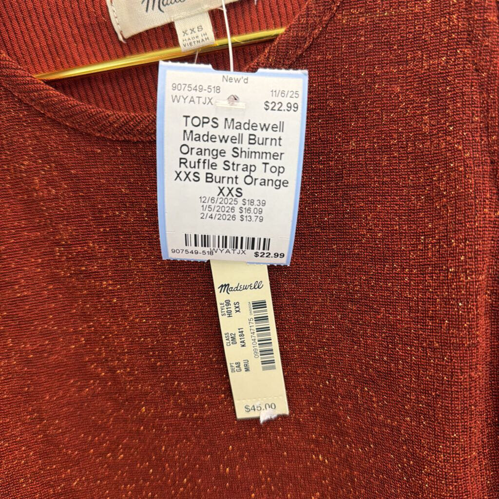 Madewell Burnt Orange Shimmer Ruffle Strap Top XXS