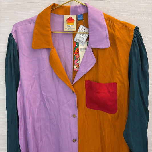 Farm Rio Color Block Silky Long Sleeve Button Down Top Large