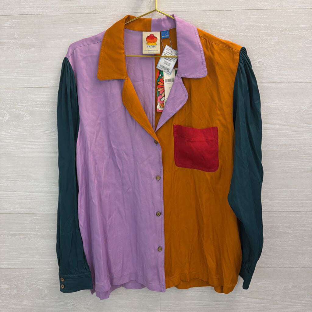 Farm Rio Color Block Silky Long Sleeve Button Down Top Large