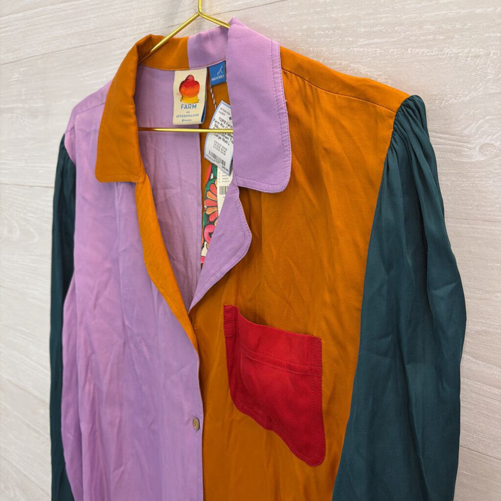 Farm Rio Color Block Silky Long Sleeve Button Down Top Large