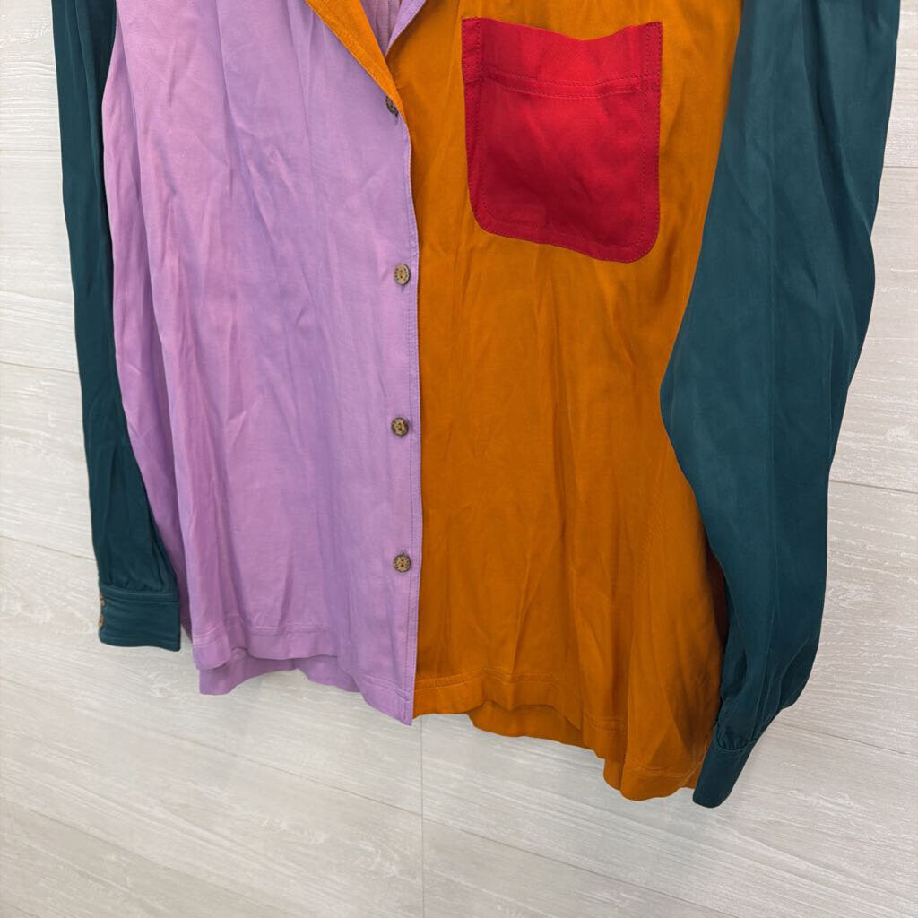 Farm Rio Color Block Silky Long Sleeve Button Down Top Large