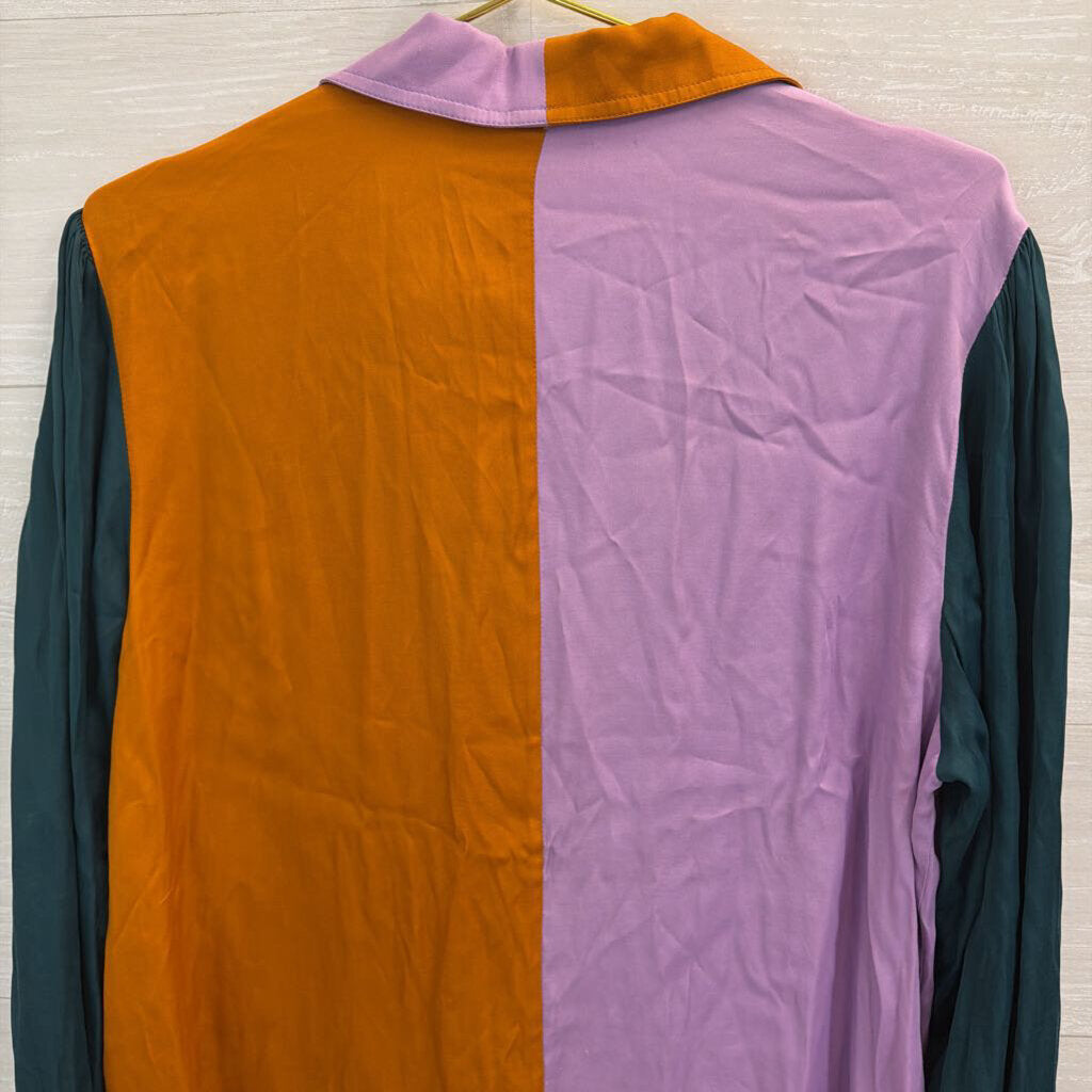 Farm Rio Color Block Silky Long Sleeve Button Down Top Large