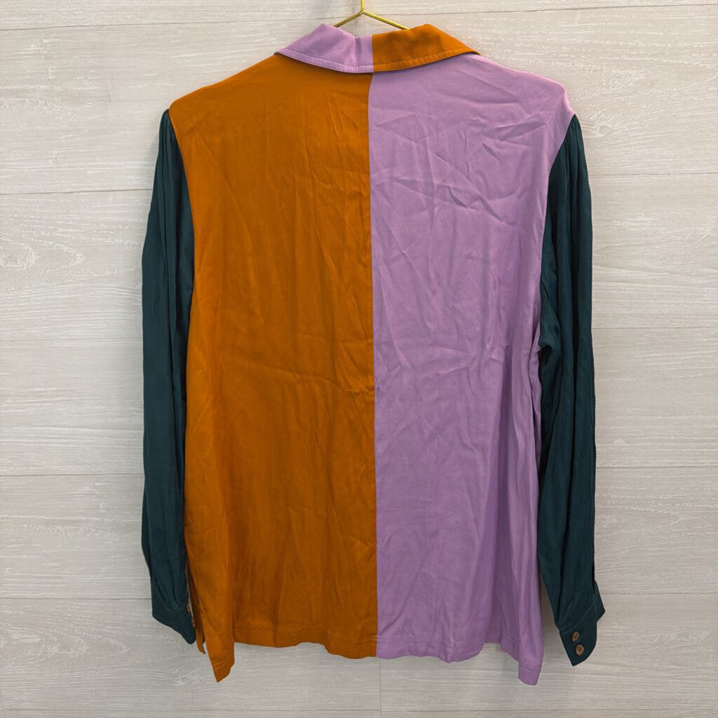 Farm Rio Color Block Silky Long Sleeve Button Down Top Large