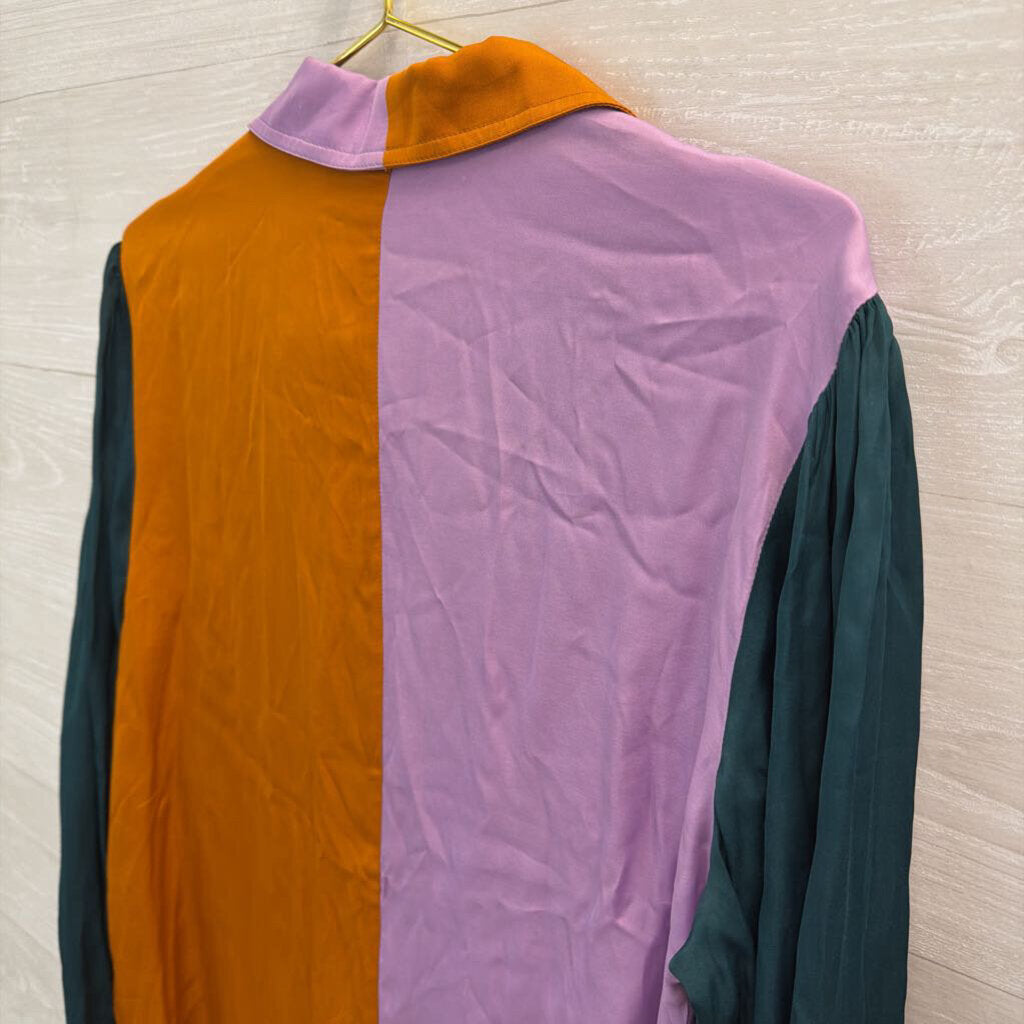 Farm Rio Color Block Silky Long Sleeve Button Down Top Large