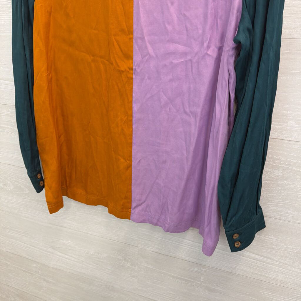 Farm Rio Color Block Silky Long Sleeve Button Down Top Large