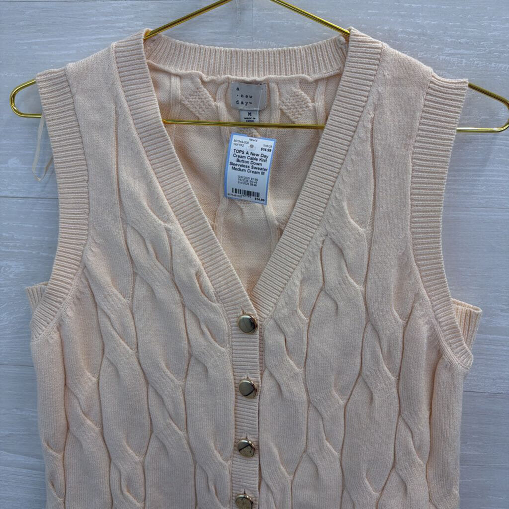 Cream Cable Knit Button Down Sleeveless Sweater Medium