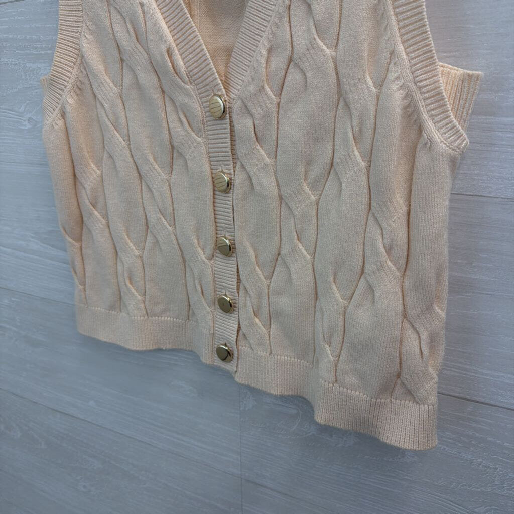 Cream Cable Knit Button Down Sleeveless Sweater Medium