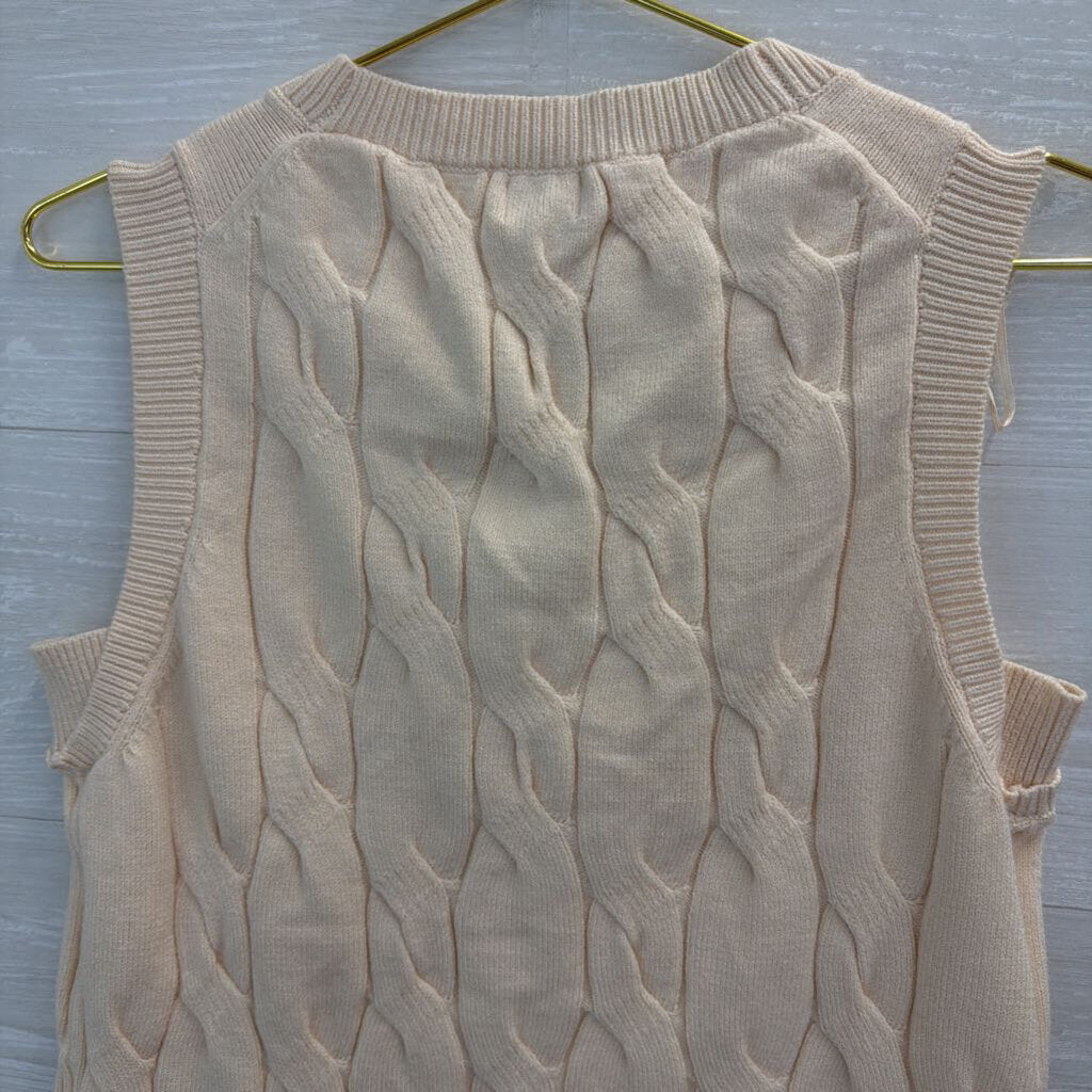 Cream Cable Knit Button Down Sleeveless Sweater Medium